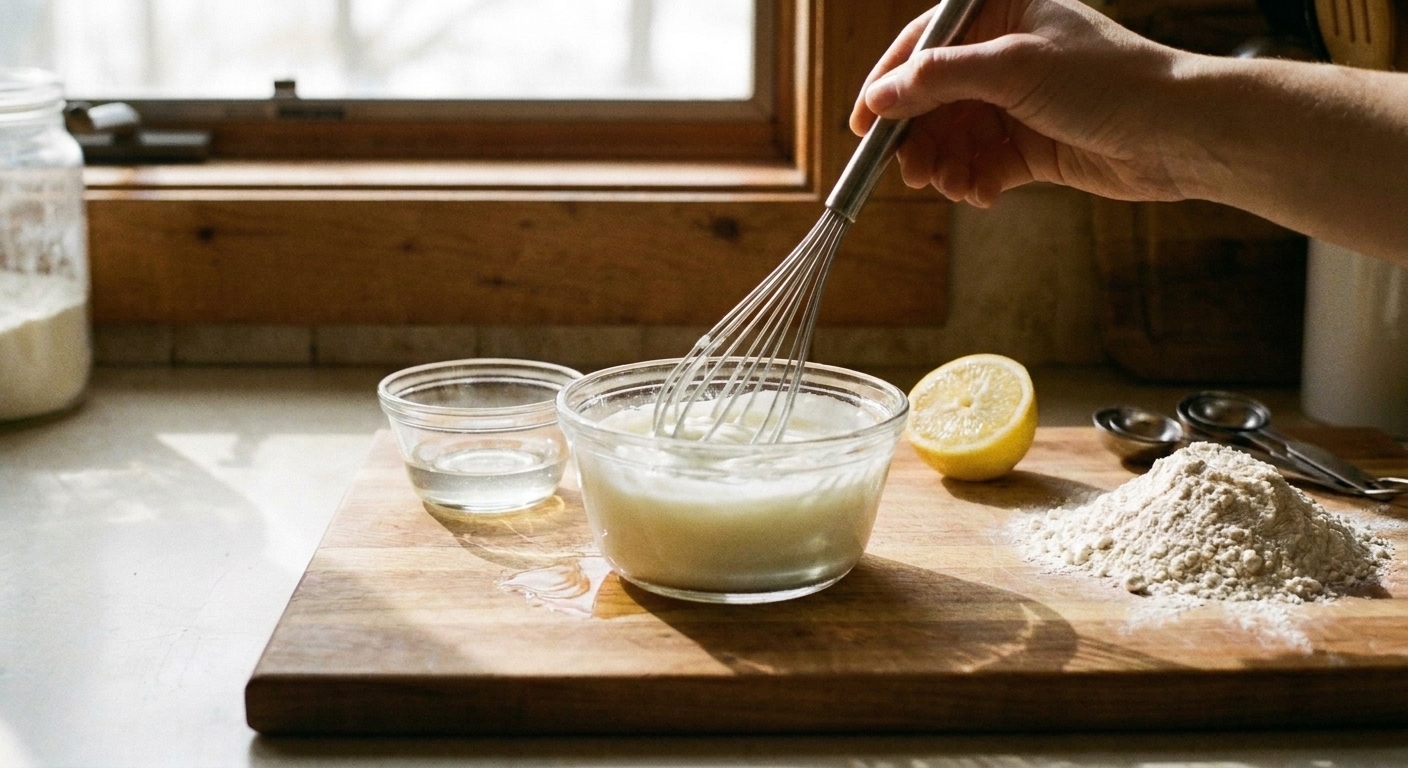 A bowl of plain yogurt being whisked with water until smooth on a wooden cutting board