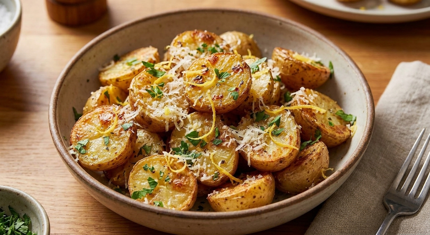 A bowl of roasted potatoes finished with grated Parmesan, lemon zest, and chopped parsley on a dinner table