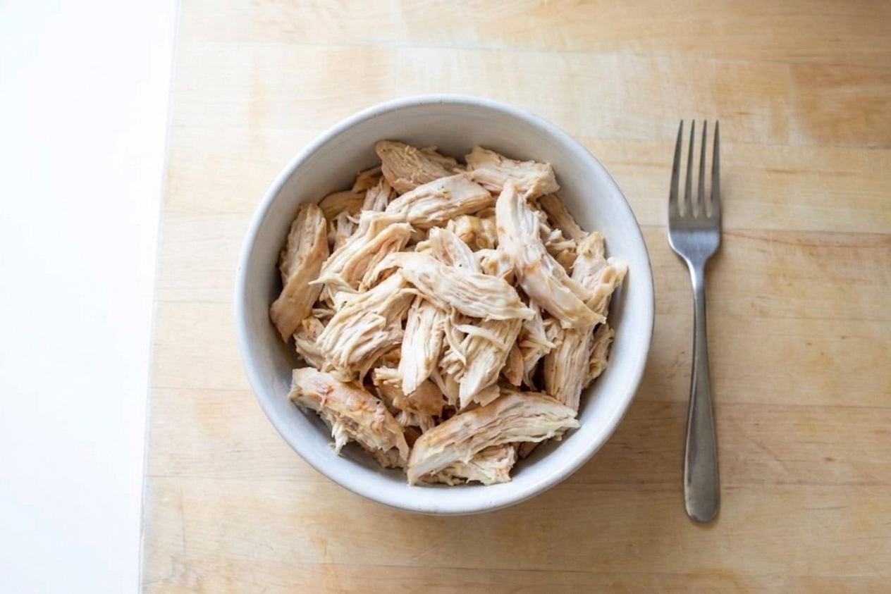 A bowl of shredded rotisserie chicken on a wooden cutting board with a fork nearby