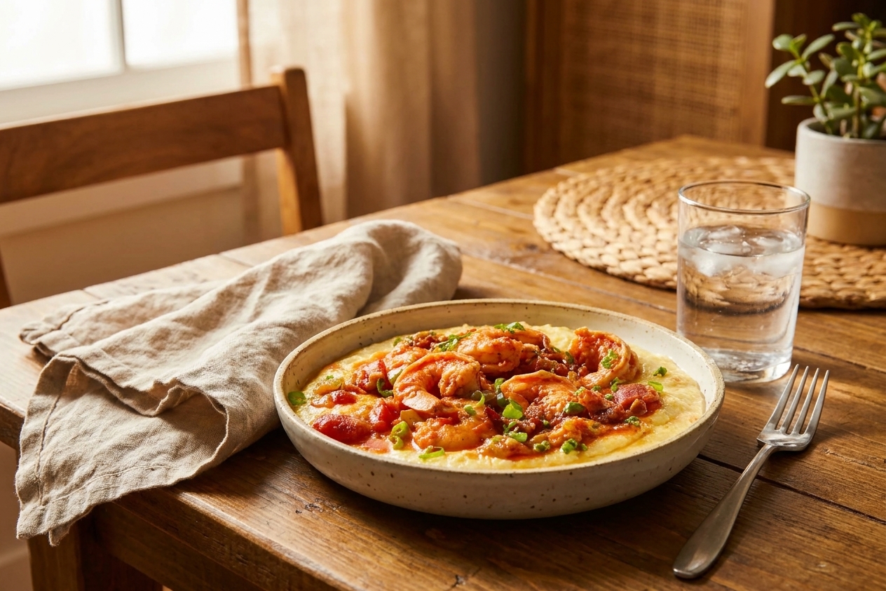 A bowl of shrimp and grits on a dinner table with a linen napkin and a glass of water, cozy home meal setting