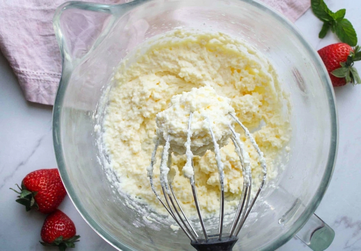 A bowl of slightly grainy overwhipped cream with visible clumps starting to form along the surface