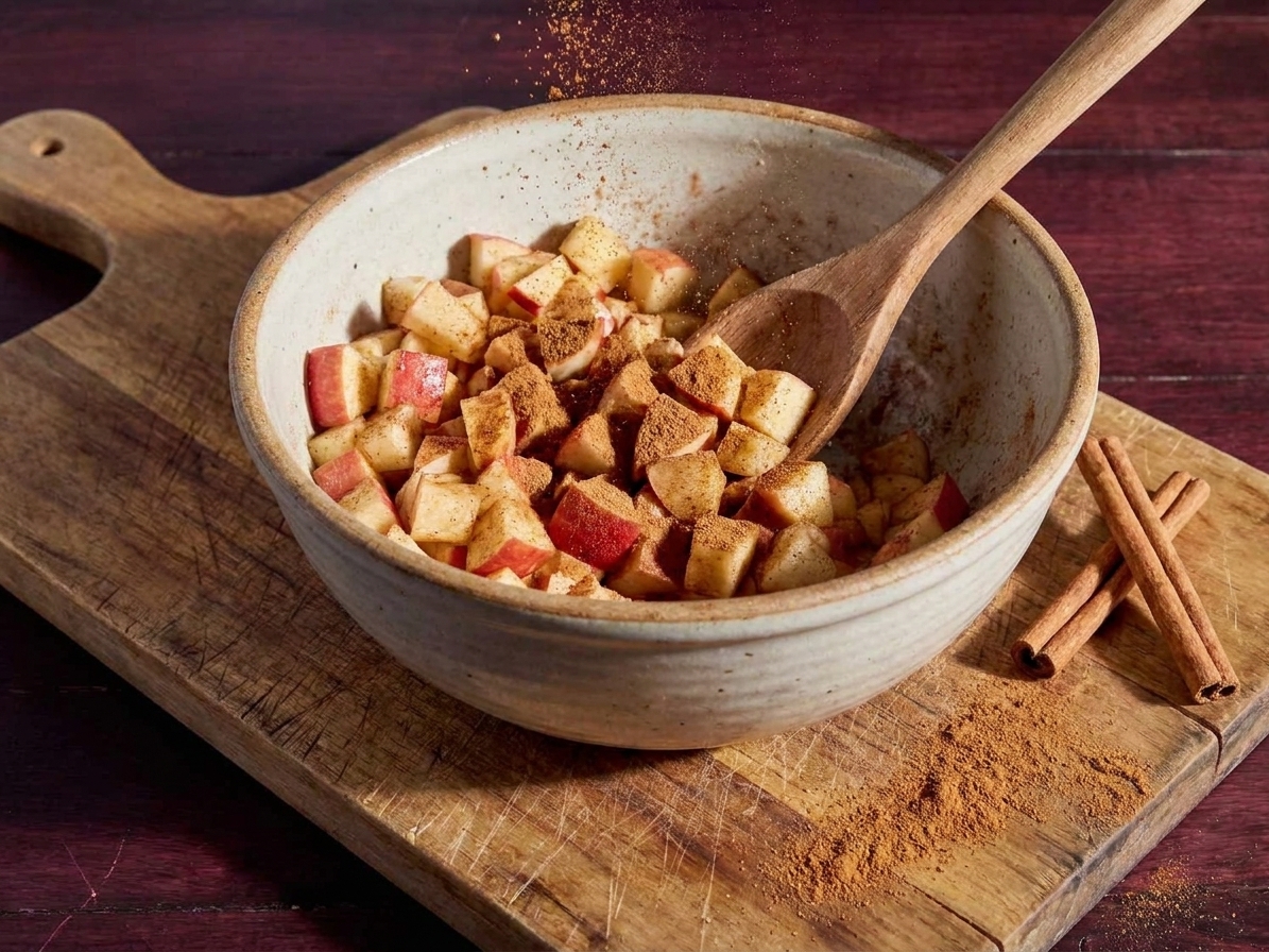 A bowl of small diced apples being tossed with cinnamon and a spoon on a wooden cutting board