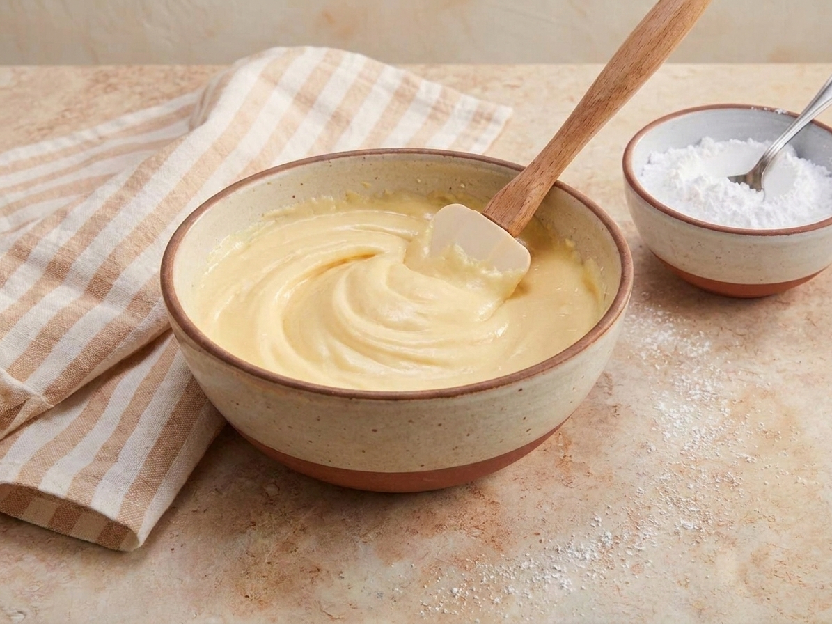 A bowl of smooth cream cheese filling with a rubber spatula and a dusting of powdered sugar nearby