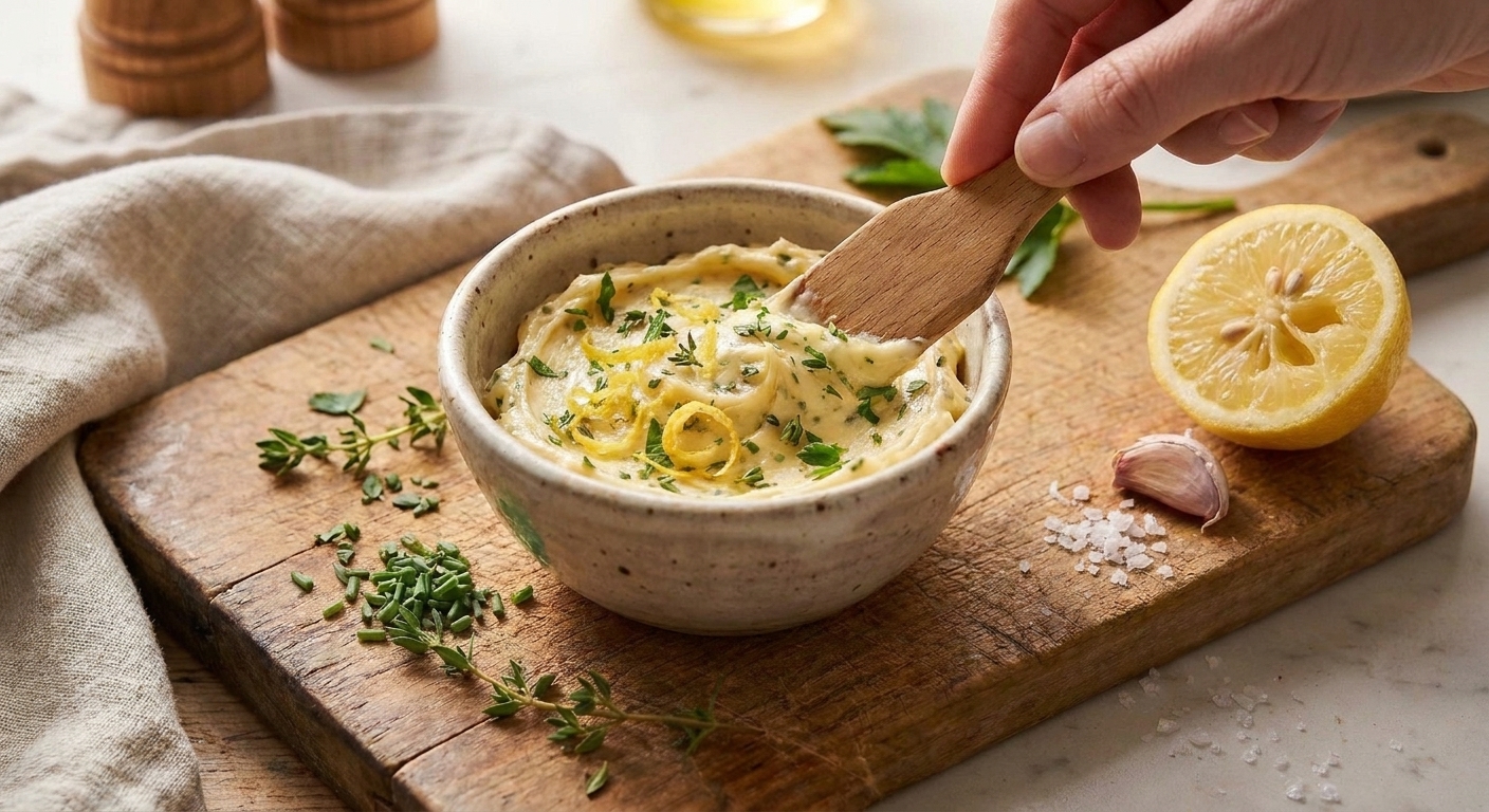 A bowl of softened butter being stirred with chopped herbs and lemon zest using a spatula