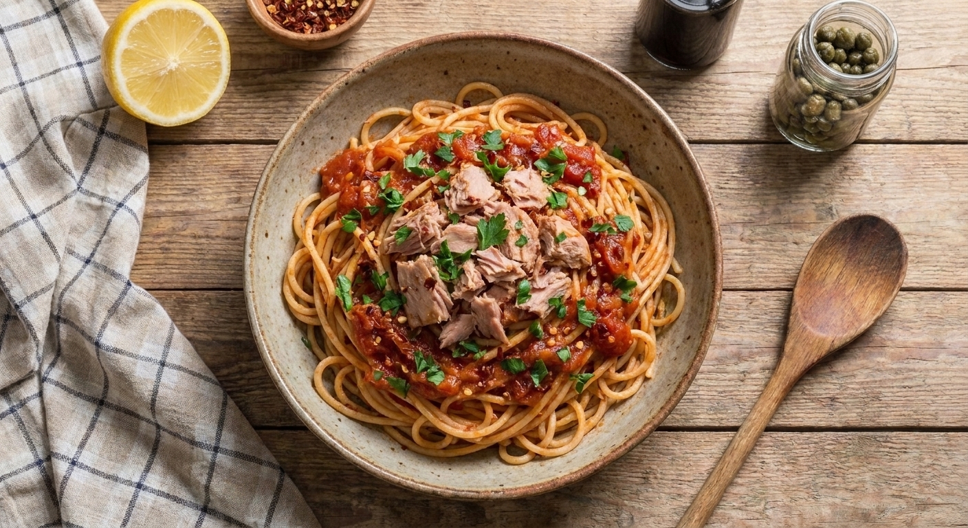 A bowl of spaghetti coated in spicy tomato sauce with flaked tuna and parsley on top
