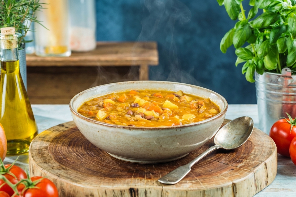 A bowl of thick vegetable soup on a wooden table with a spoon beside it, soup looking glossy and substantial