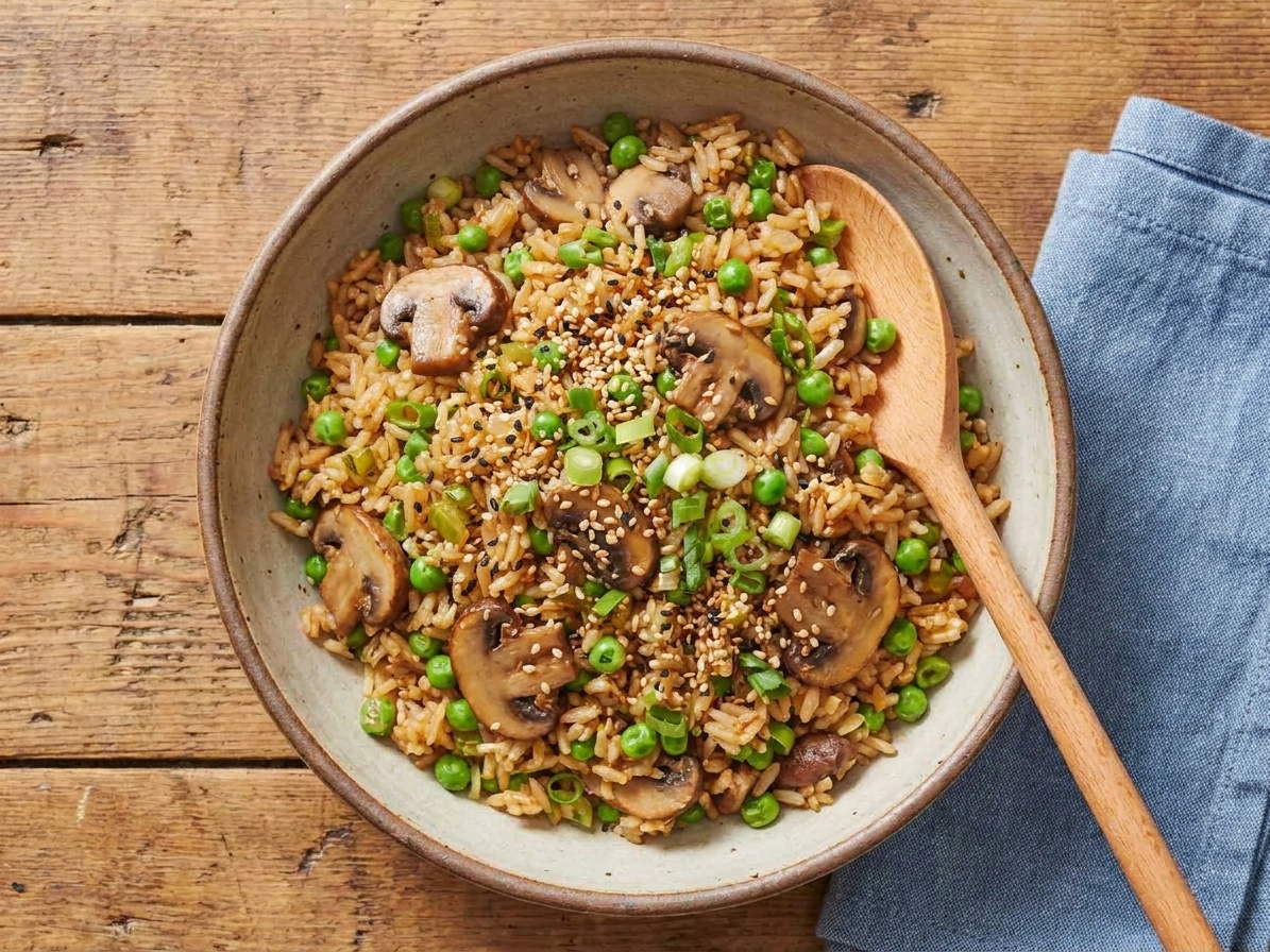 A bowl of vegetable fried rice with mushrooms, peas, scallions, and sesame seeds on a wooden table