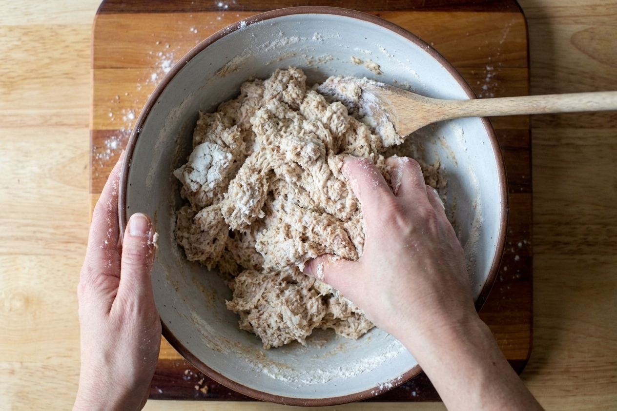 A bowl of wheat bread dough being mixed until it becomes shaggy and starts to come together