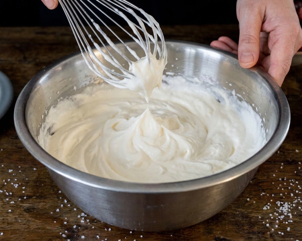 A bowl of whipped cream at medium peaks with a whisk lifted above it