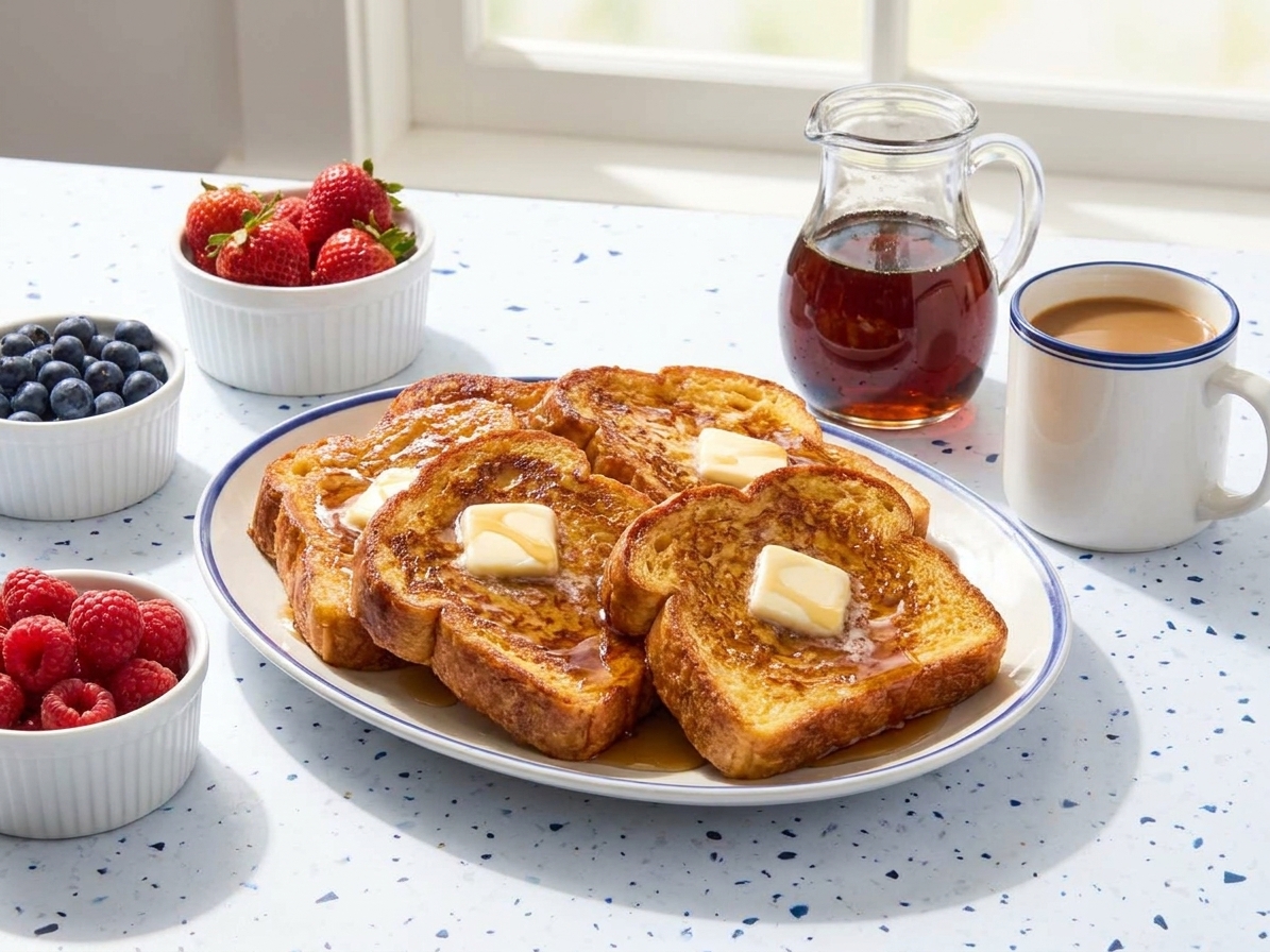 A breakfast table set with a platter of French toast, small bowls of berries, a pitcher of maple syrup, and coffee mugs in morning light
