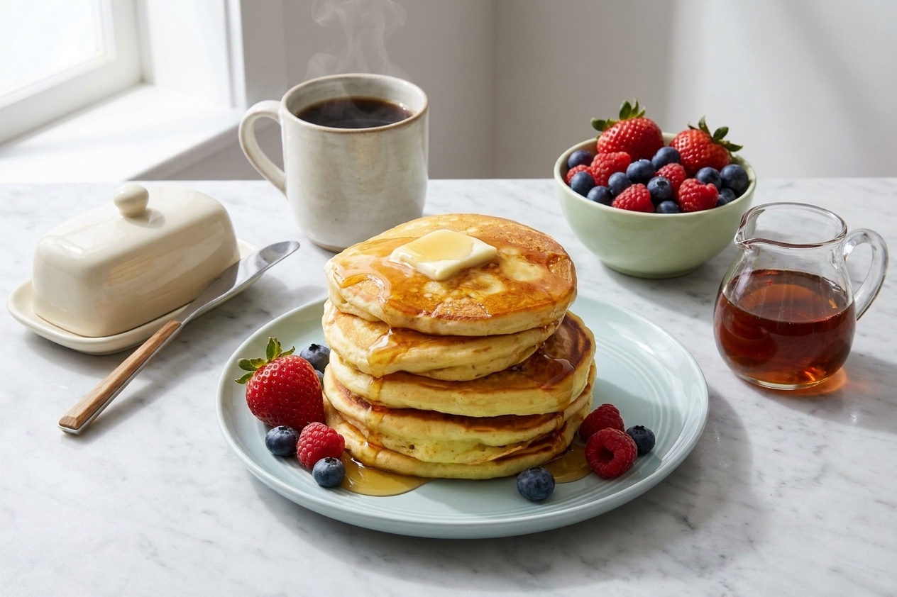 A breakfast table set with a stack of pancakes, a small pitcher of maple syrup, butter dish, coffee mug, and fresh berries
