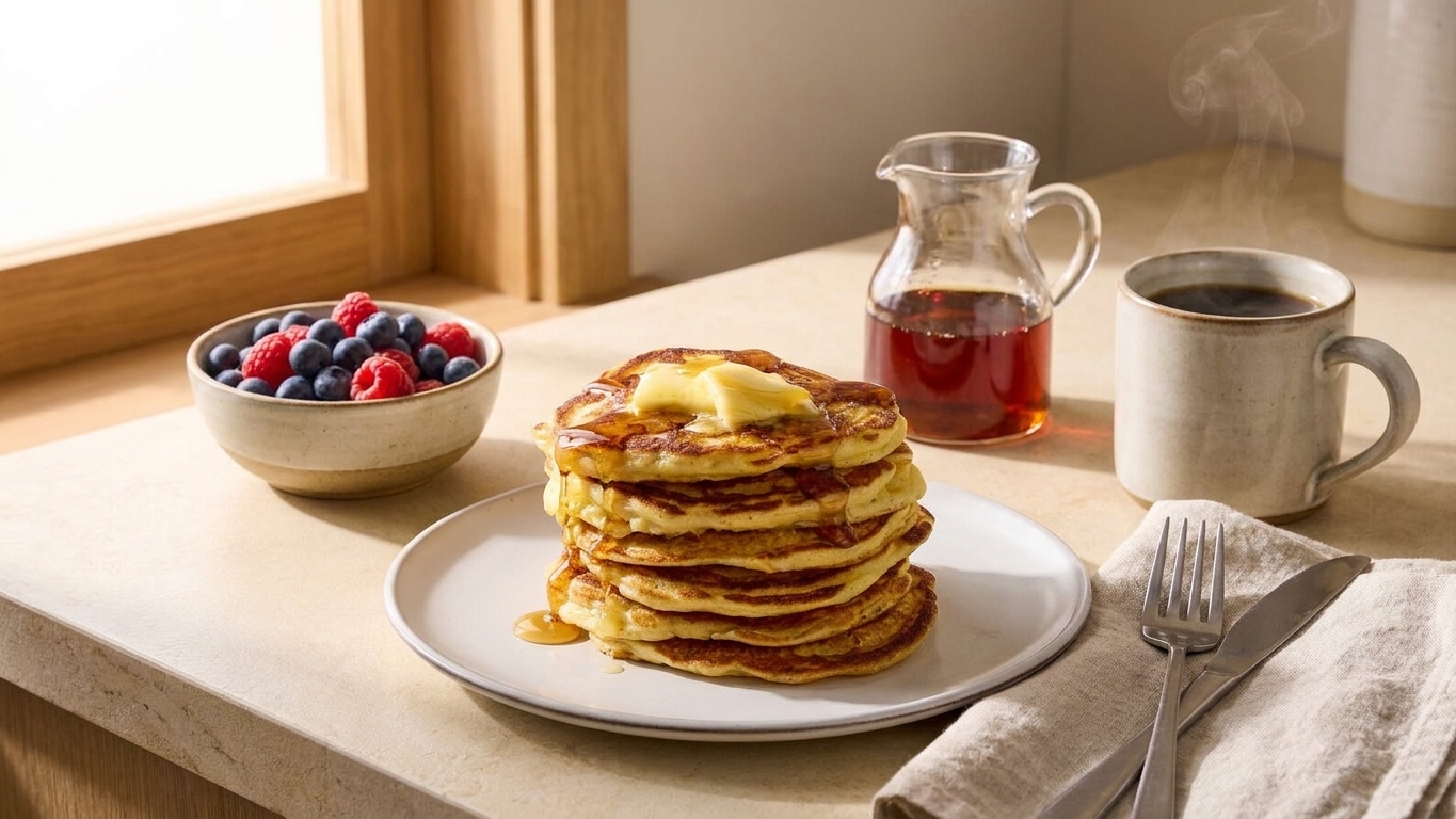 A breakfast table setting with a plate of pancakes, small pitcher of maple syrup, coffee mug, and a bowl of fresh berries in morning light