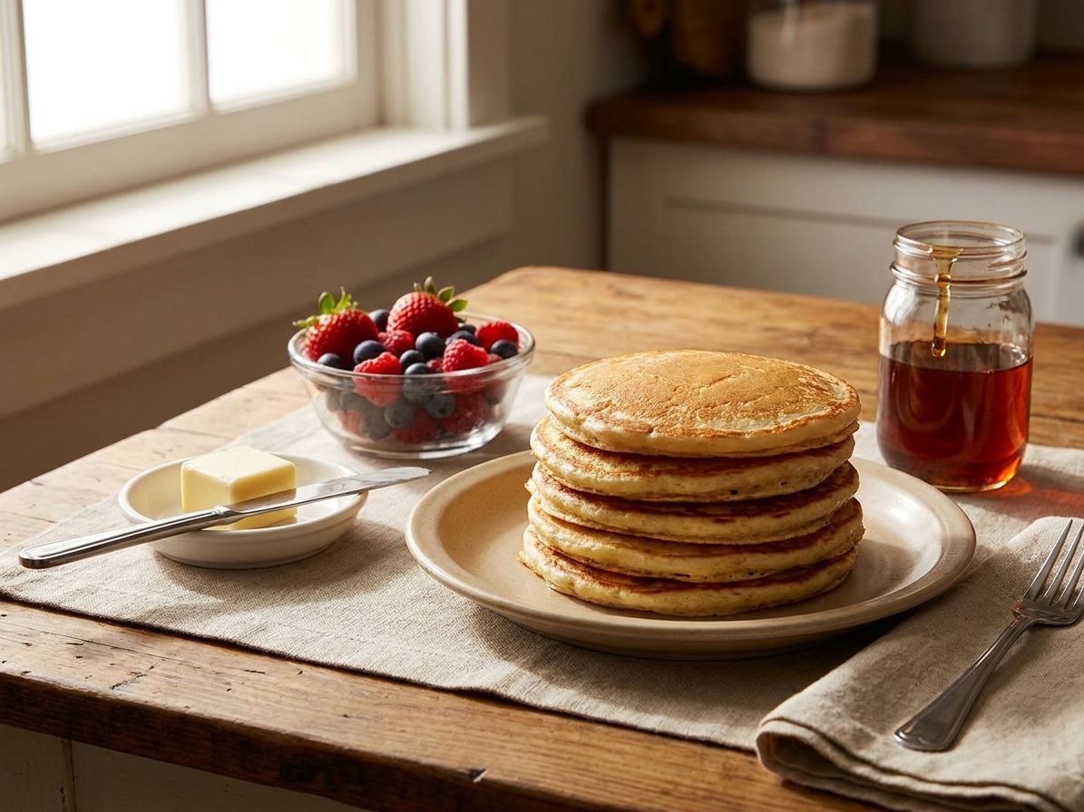 A breakfast table setting with pancakes, a bowl of berries, a small dish of butter, and a jar of maple syrup
