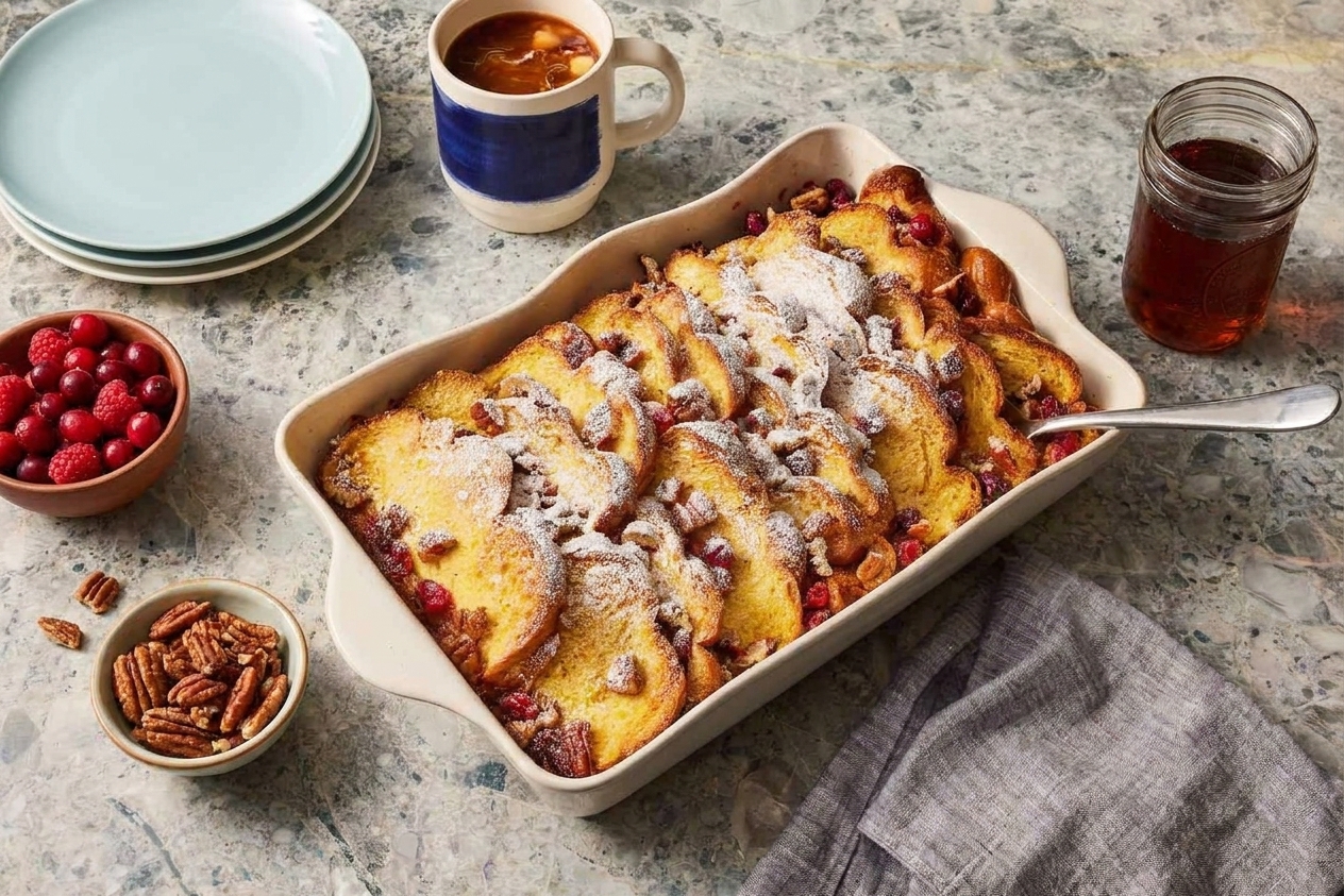 A brunch table set with a baking dish of baked French toast, small bowls of berries and toasted nuts, maple syrup, plates, and coffee