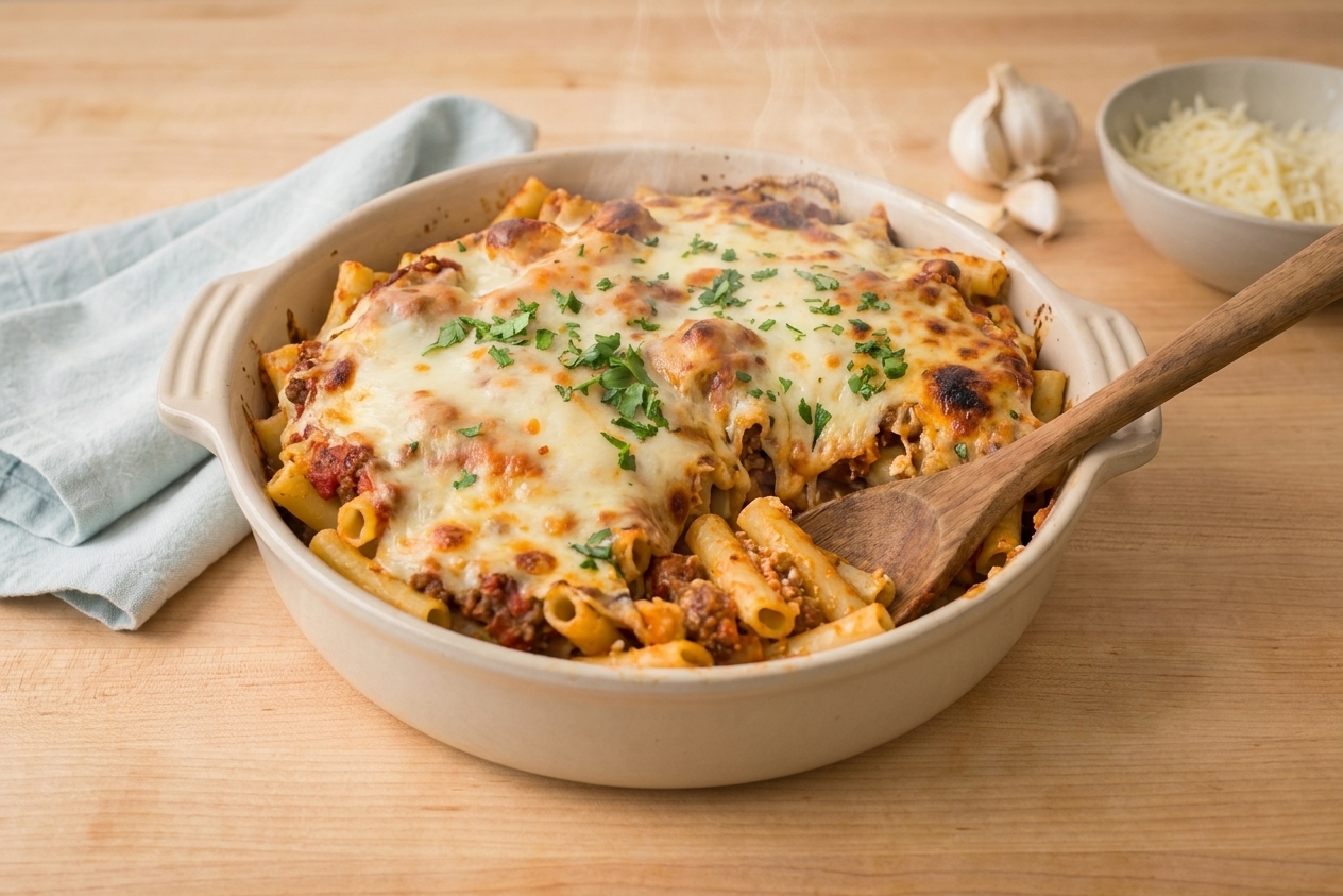 A bubbling tomato pasta bake in a ceramic casserole dish with a golden, melted cheese top on a kitchen counter