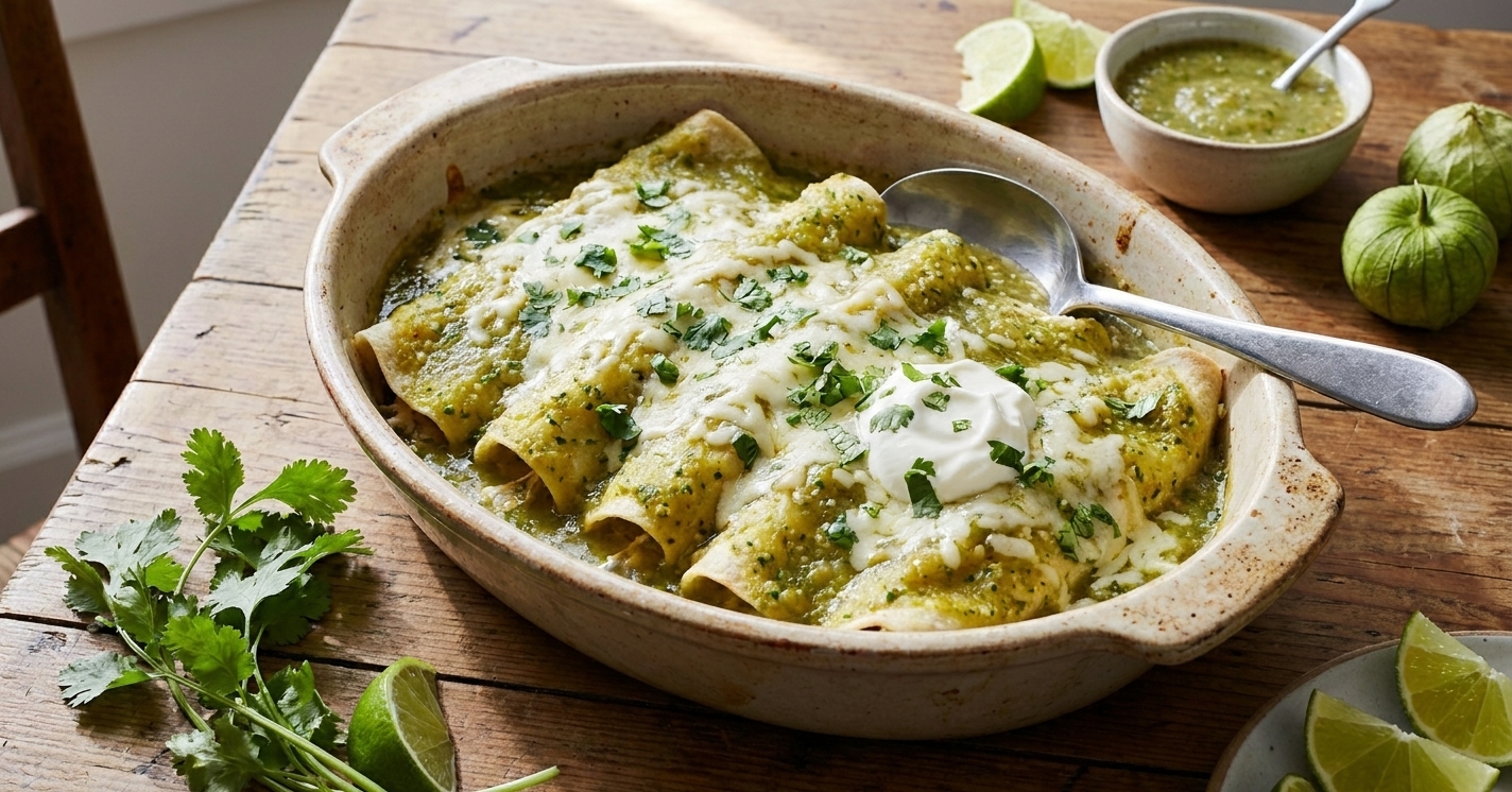 A casserole dish of enchiladas covered in green sauce on a wooden table, ready to serve