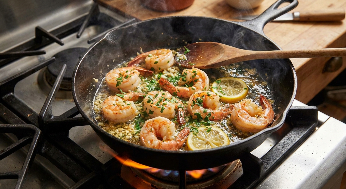 A cast iron skillet on a stove with sizzling shrimp, minced garlic, lemon slices, and chopped parsley in a glossy sauce