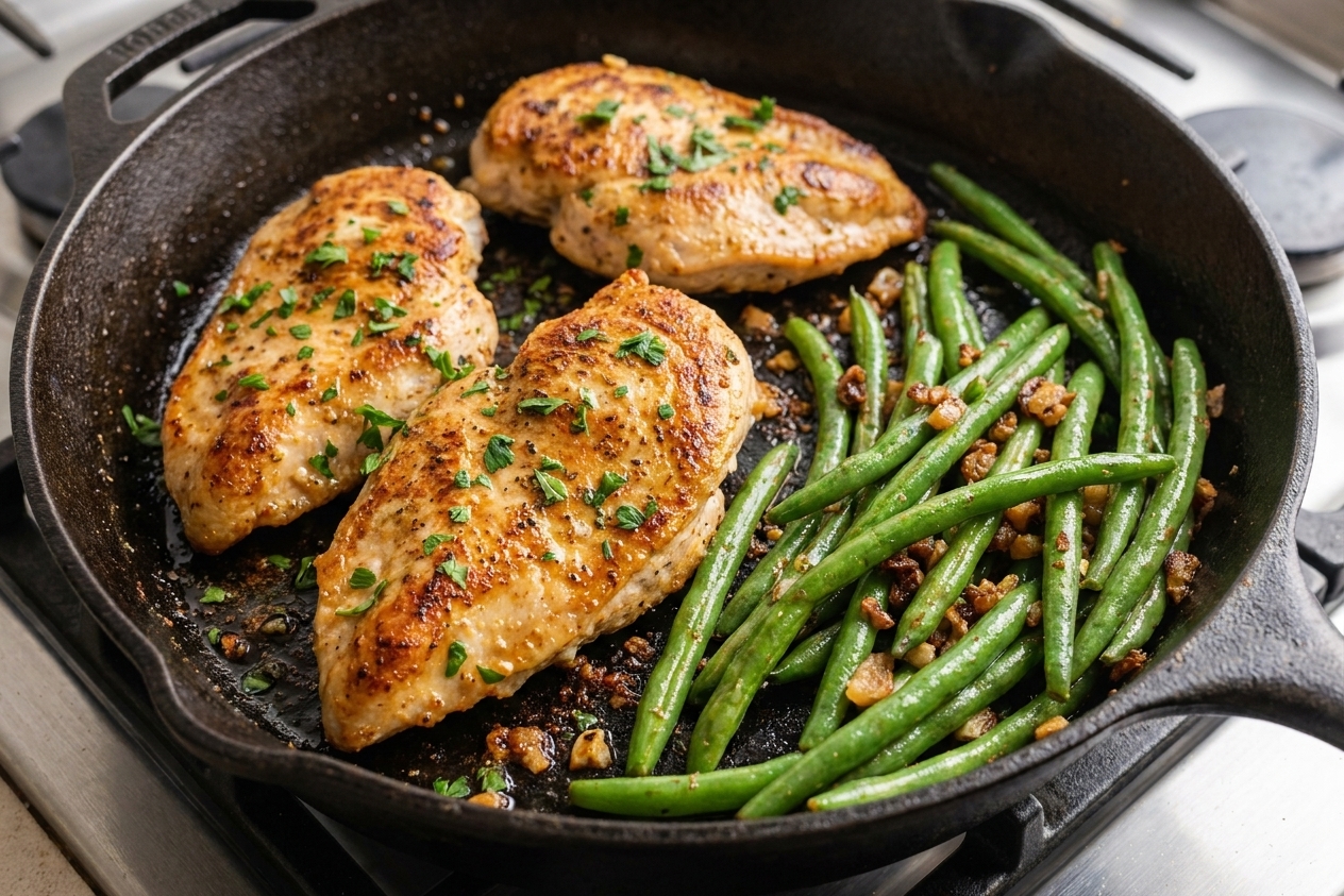 A cast iron skillet with seared chicken cutlets and sautéed green beans, browned bits visible in the pan