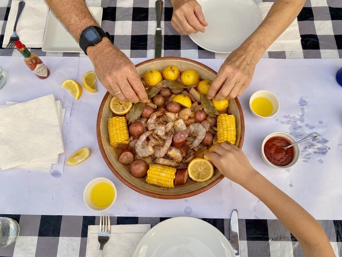 A casual dinner table set with a large bowl of shrimp boil, napkins, lemon wedges, and small sauce bowls
