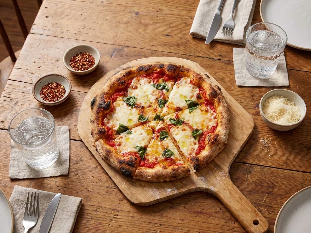 A casual dinner table set with a sliced homemade pizza, small bowls of chili flakes and grated cheese, and two glasses of sparkling water