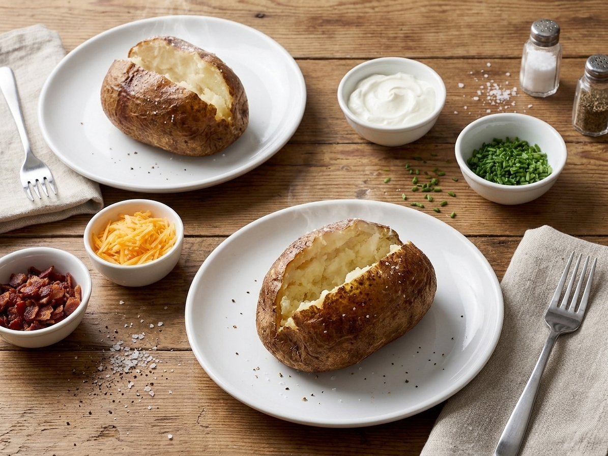 A casual dinner table setting with two baked potatoes, small bowls of toppings, and simple plates ready to serve