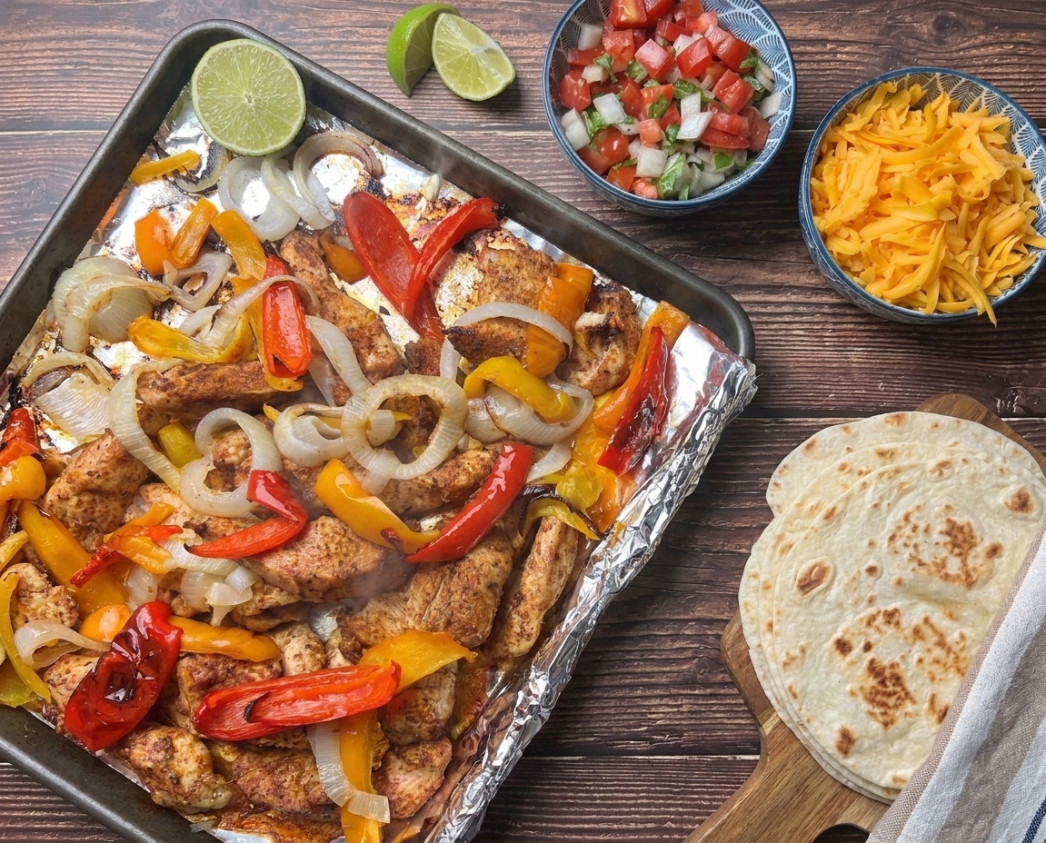 A casual dinner table with a platter of sheet pan chicken fajitas, small bowls of toppings, and a stack of warm tortillas