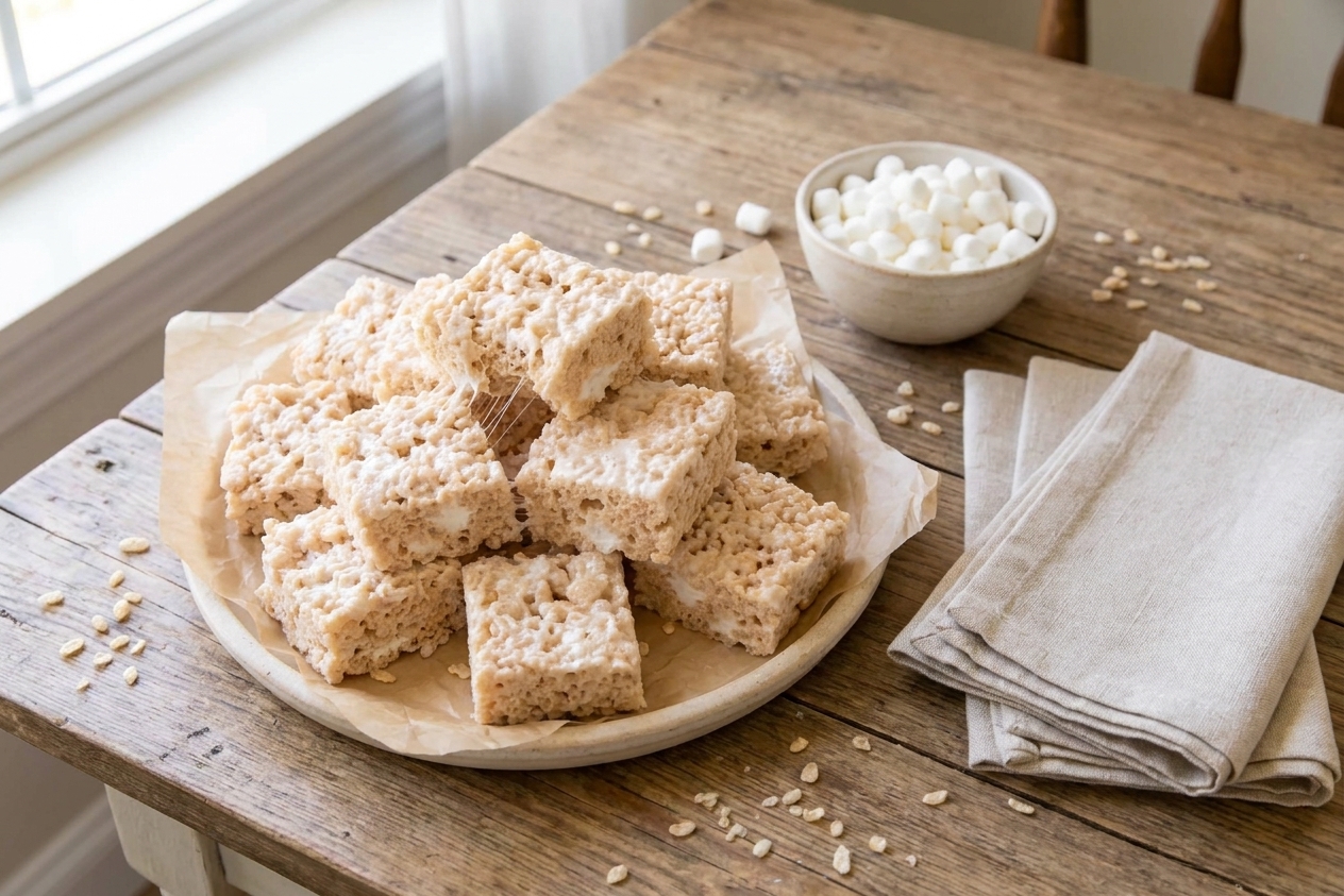 A casual table setting with a platter of crisp rice treats, a small bowl of marshmallows, and napkins ready for serving