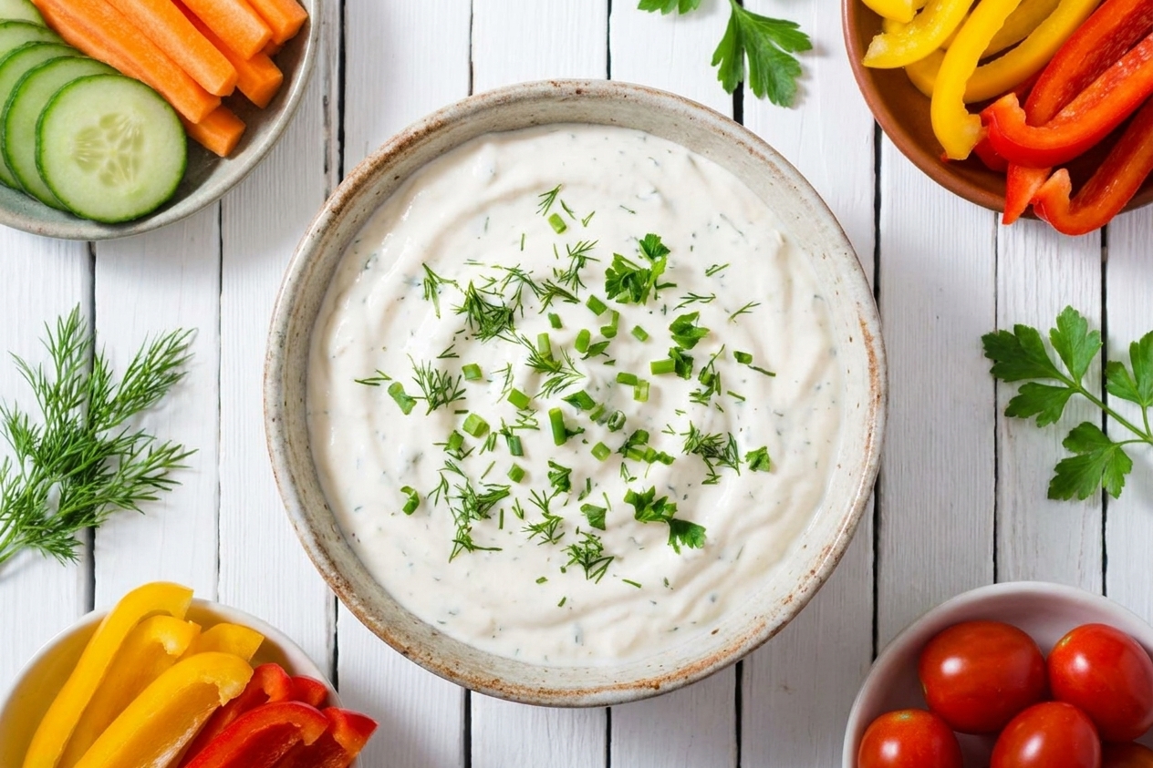 A ceramic bowl of creamy ranch-style dip on a wooden table with fresh herbs and cut vegetables nearby