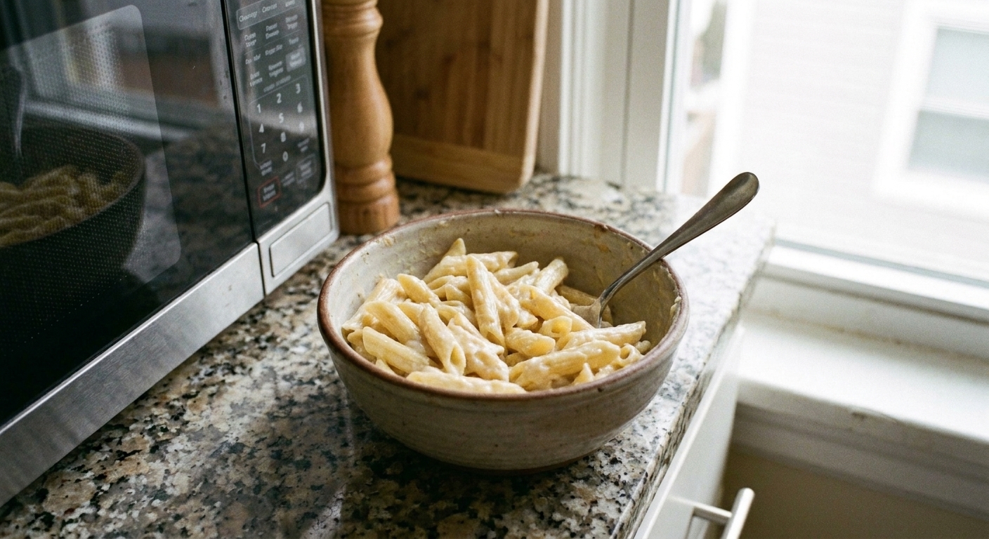 A ceramic bowl of leftover penne in creamy sauce on a kitchen counter next to a microwave, with a spoon ready for stirring