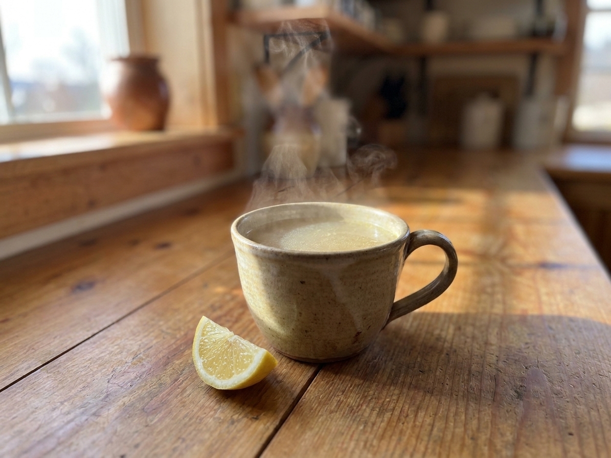 A ceramic mug filled with steaming chicken bone broth on a wooden table with a lemon wedge beside it