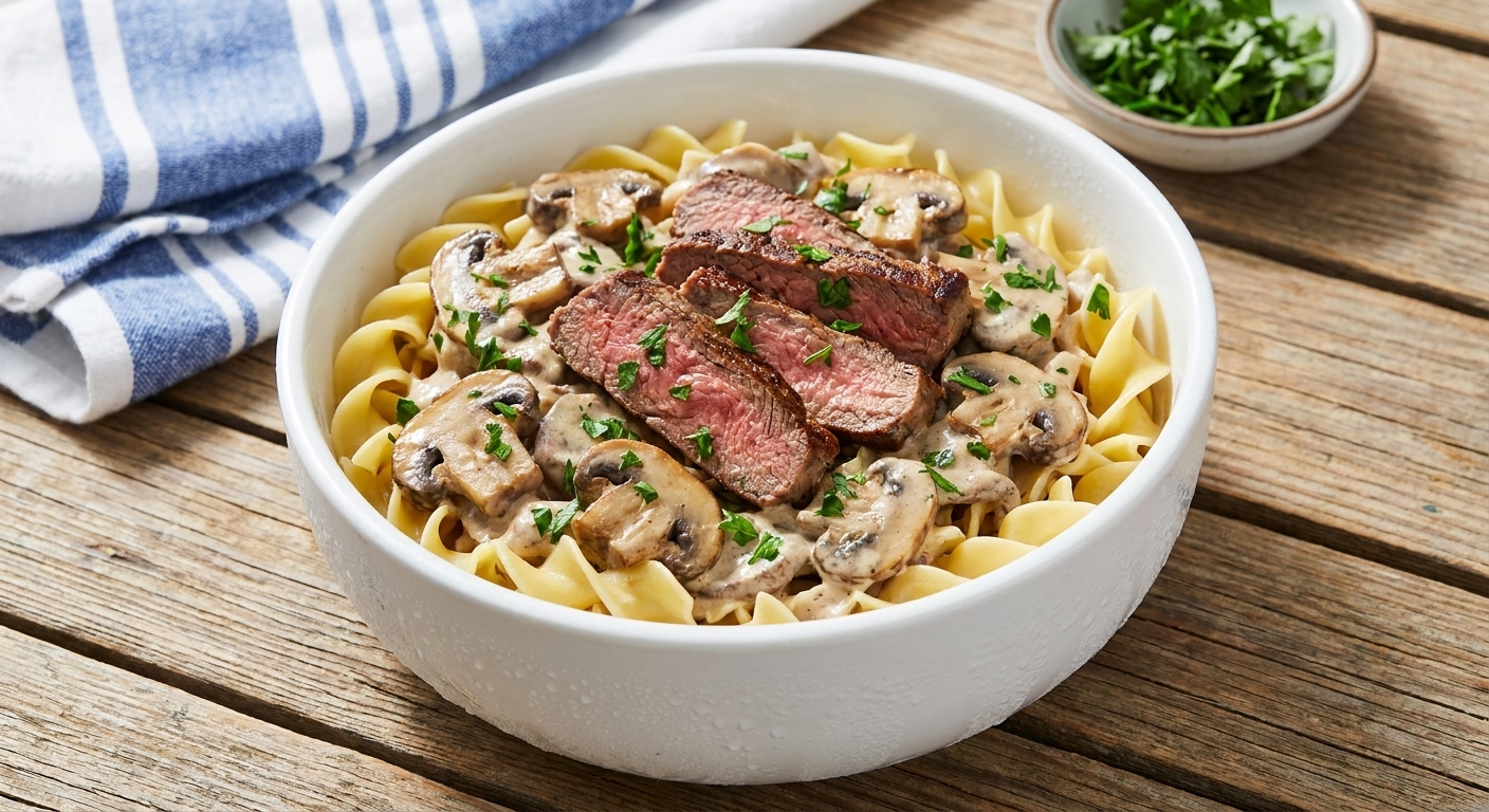 A chilled bowl of creamy pasta with sliced steak and mushrooms, garnished with parsley on a picnic-style table