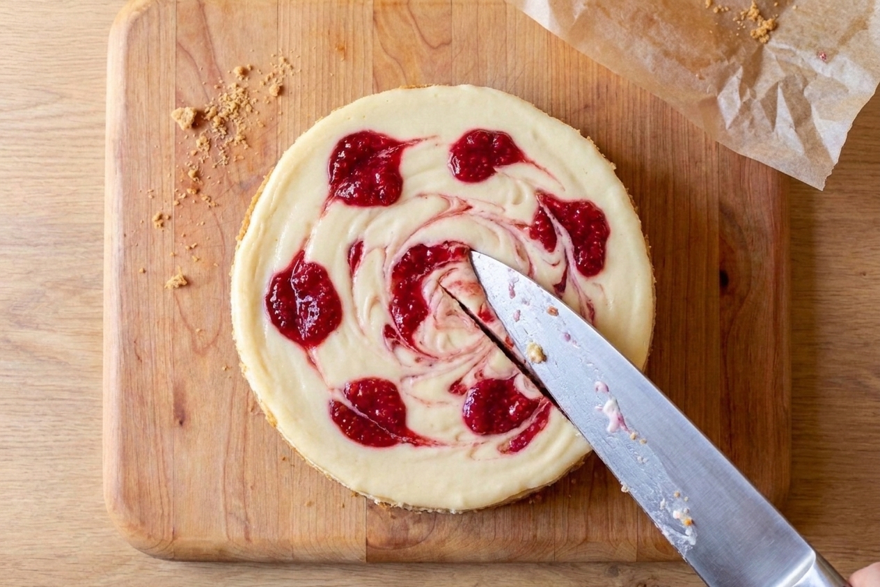 A chilled raspberry swirl cheesecake being sliced with a clean chef's knife on a cutting board