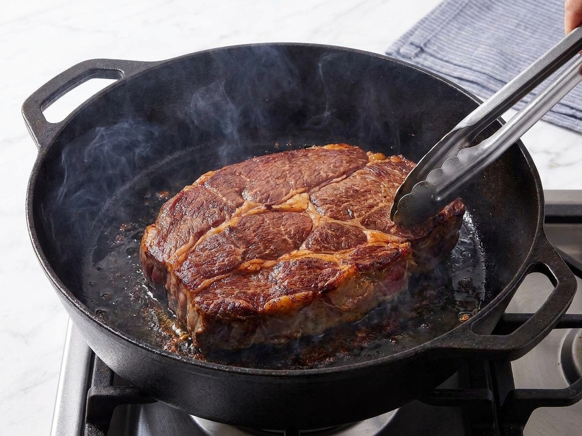 A chuck roast being seared in a cast iron Dutch oven with browned edges forming on the surface