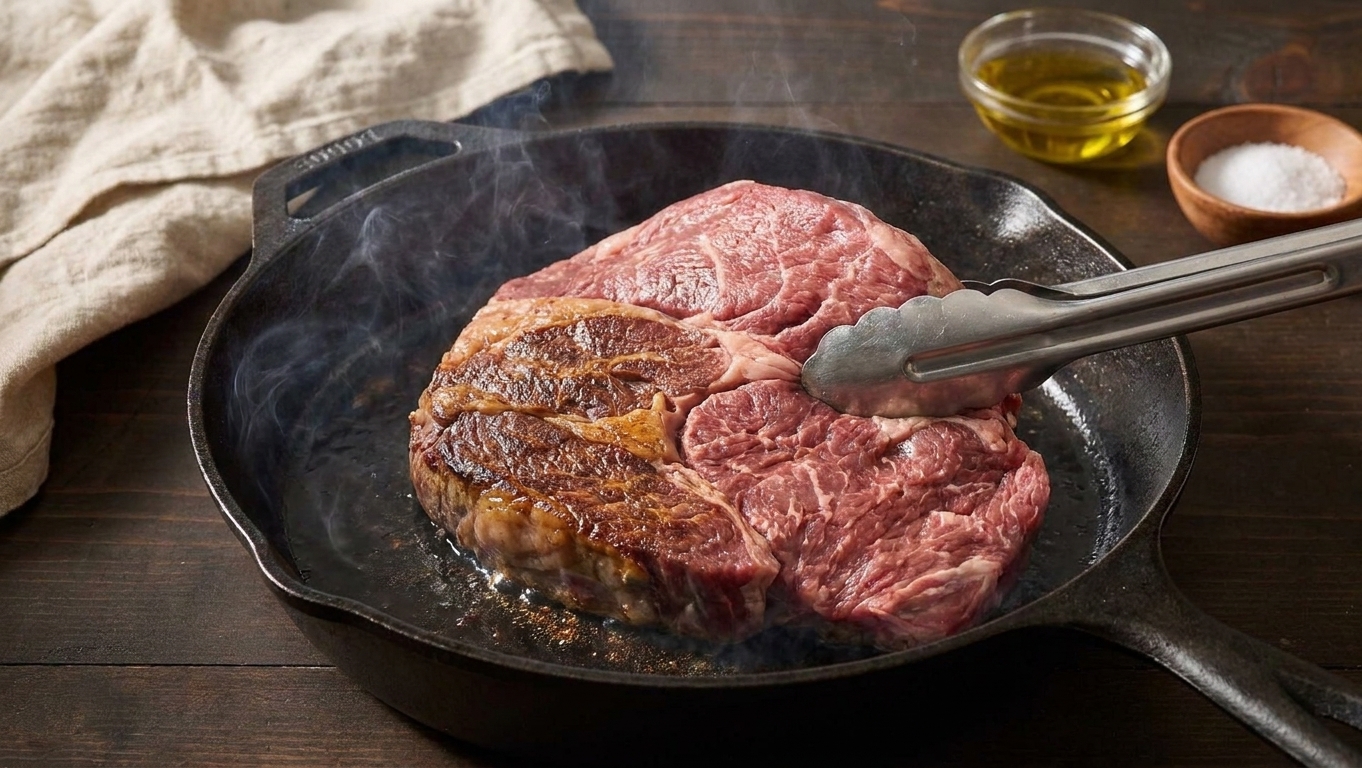 A chuck roast being seared in a hot skillet until browned, with tongs turning the meat to brown all sides