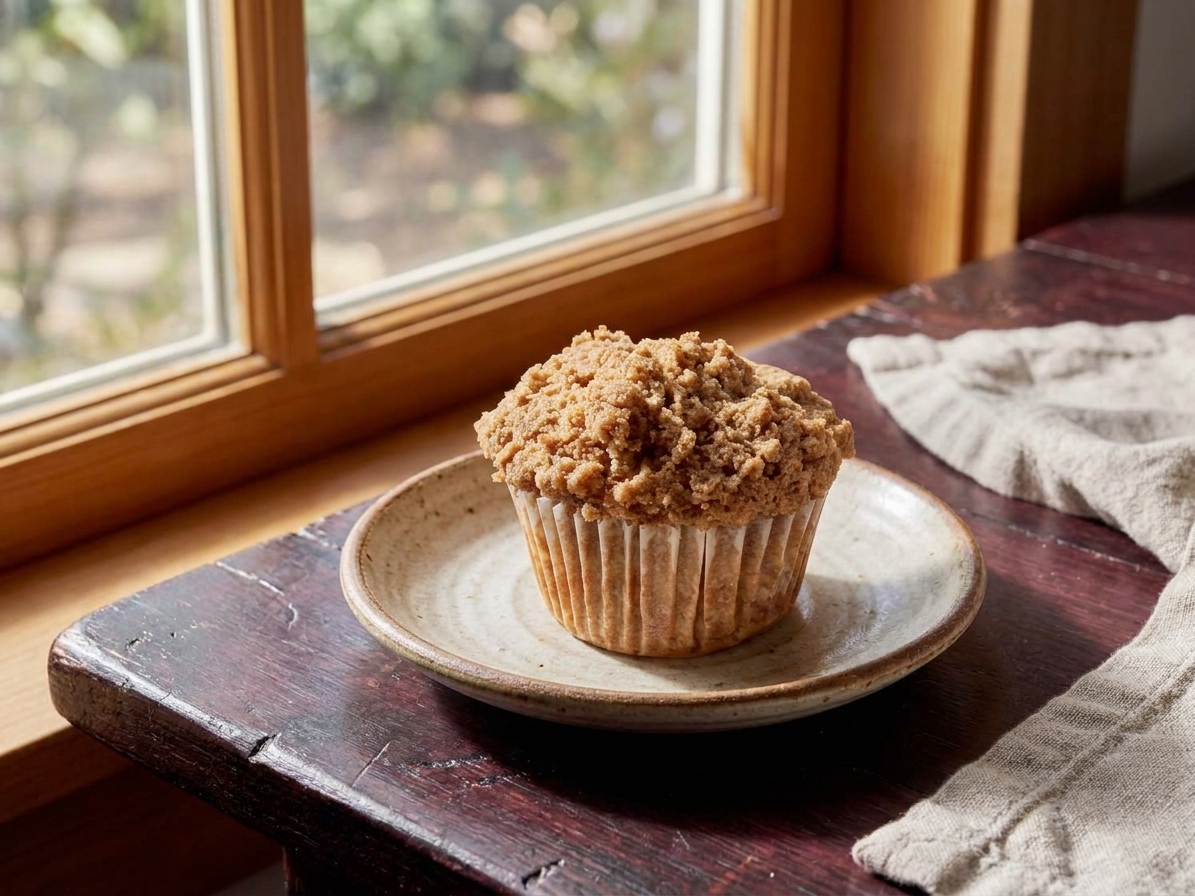 A cinnamon apple muffin on a small plate on a wooden table near a window
