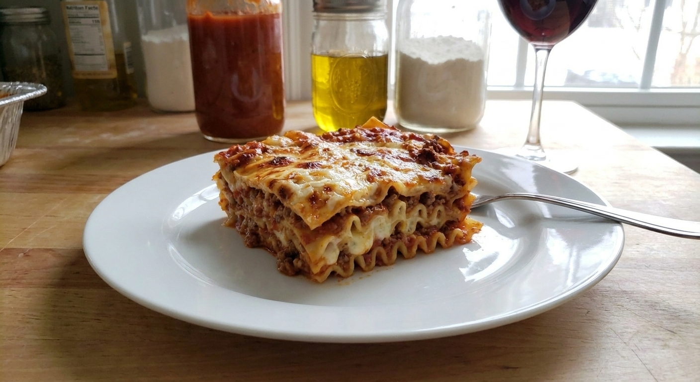 A cleanly sliced square of lasagna on a ceramic plate with visible layers of pasta, sauce, and melted cheese on a dinner table