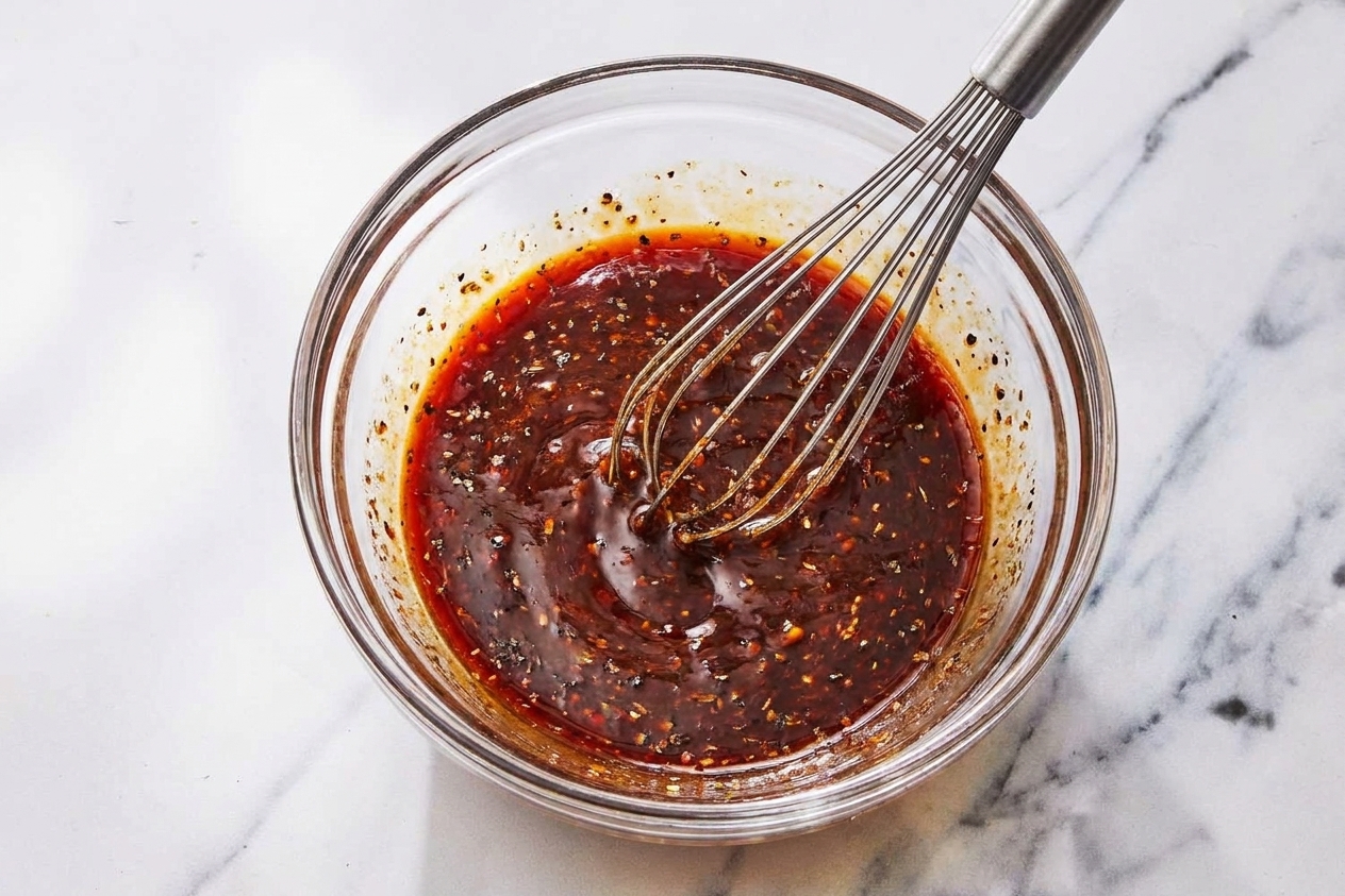 A clear bowl of steak marinade being whisked until glossy, with flecks of black pepper and herbs suspended in the liquid