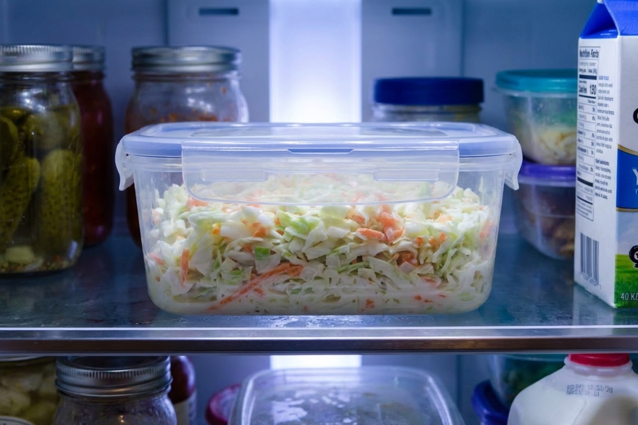 A clear lidded container filled with creamy coleslaw sitting on a refrigerator shelf