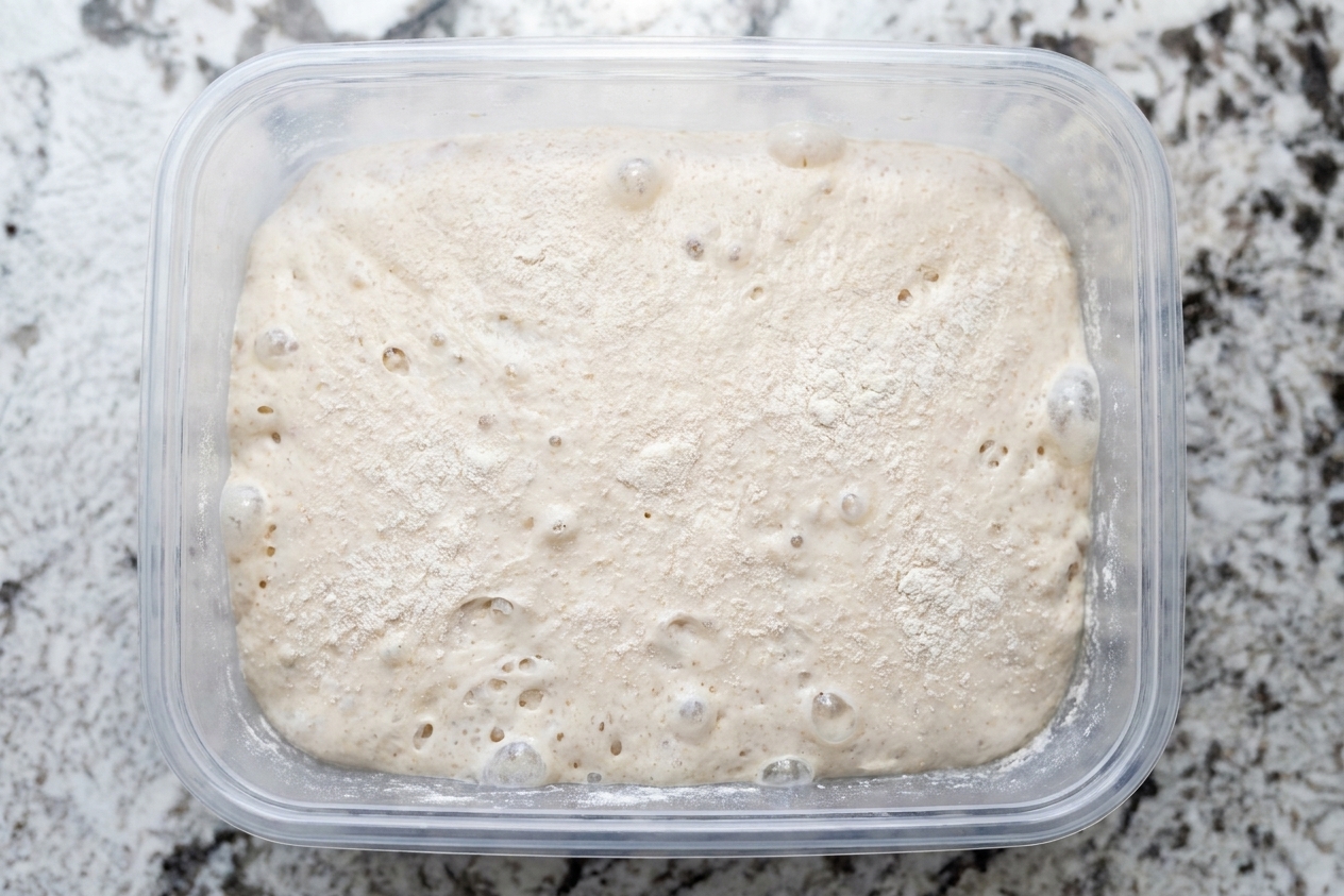 A clear rectangular container with sourdough dough mid bulk fermentation, showing bubbles along the sides and a gently domed surface