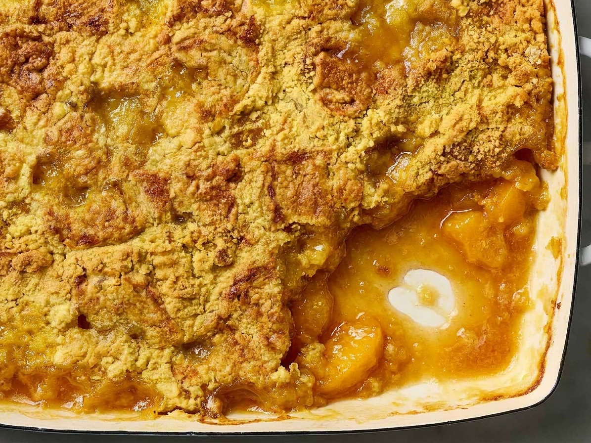 A close-up of a baked peach cobbler with caramelized, golden cake mix crumbles and peach juices bubbling at the edges