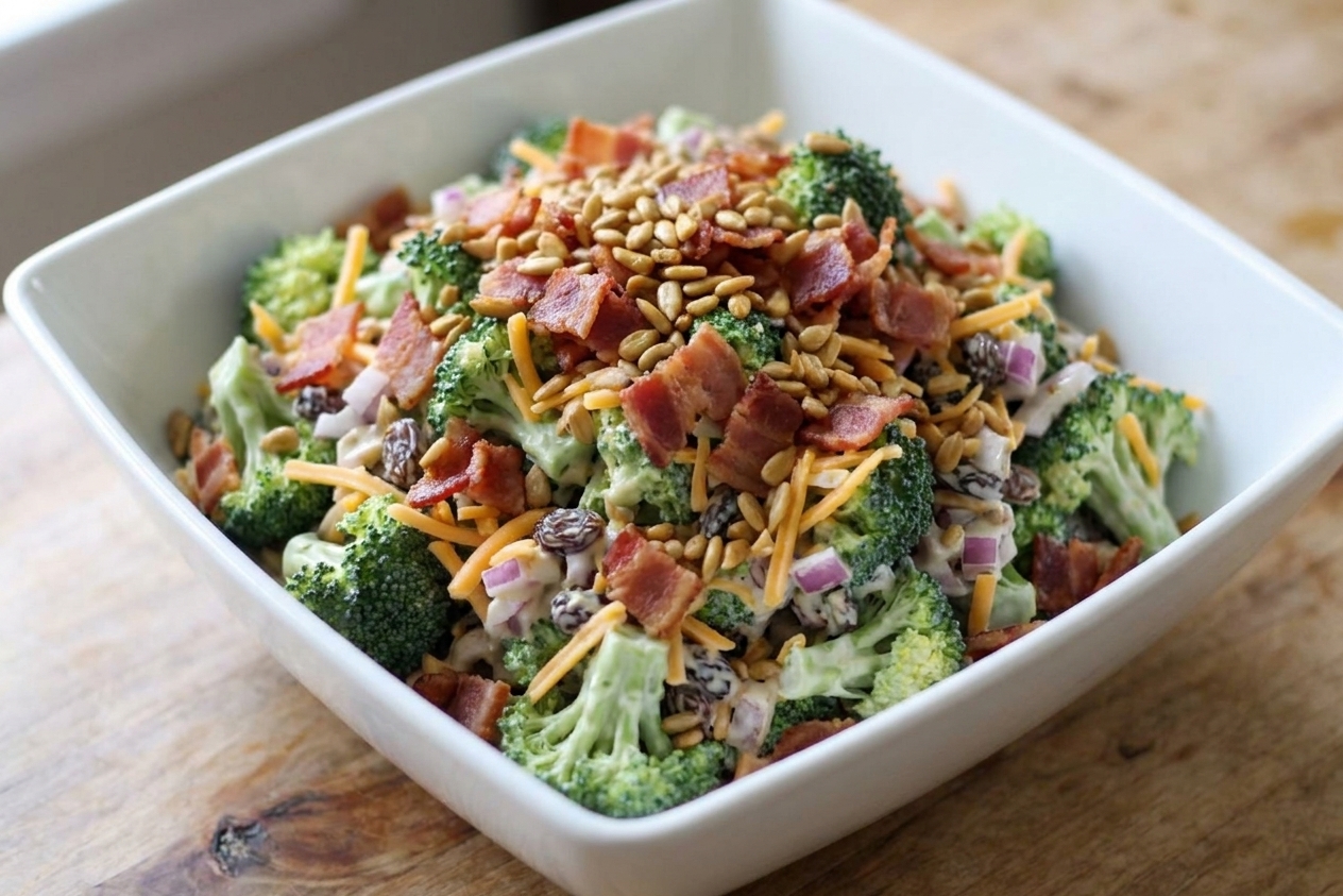A close-up of a serving bowl filled with broccoli salad topped with crisp bacon and sunflower seeds
