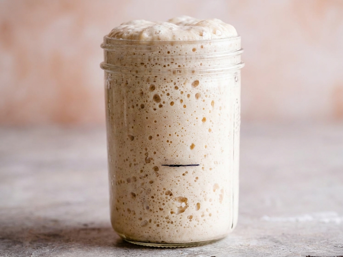 A close-up of active sourdough starter in a jar with many small bubbles on the surface and along the sides, showing a risen, airy texture