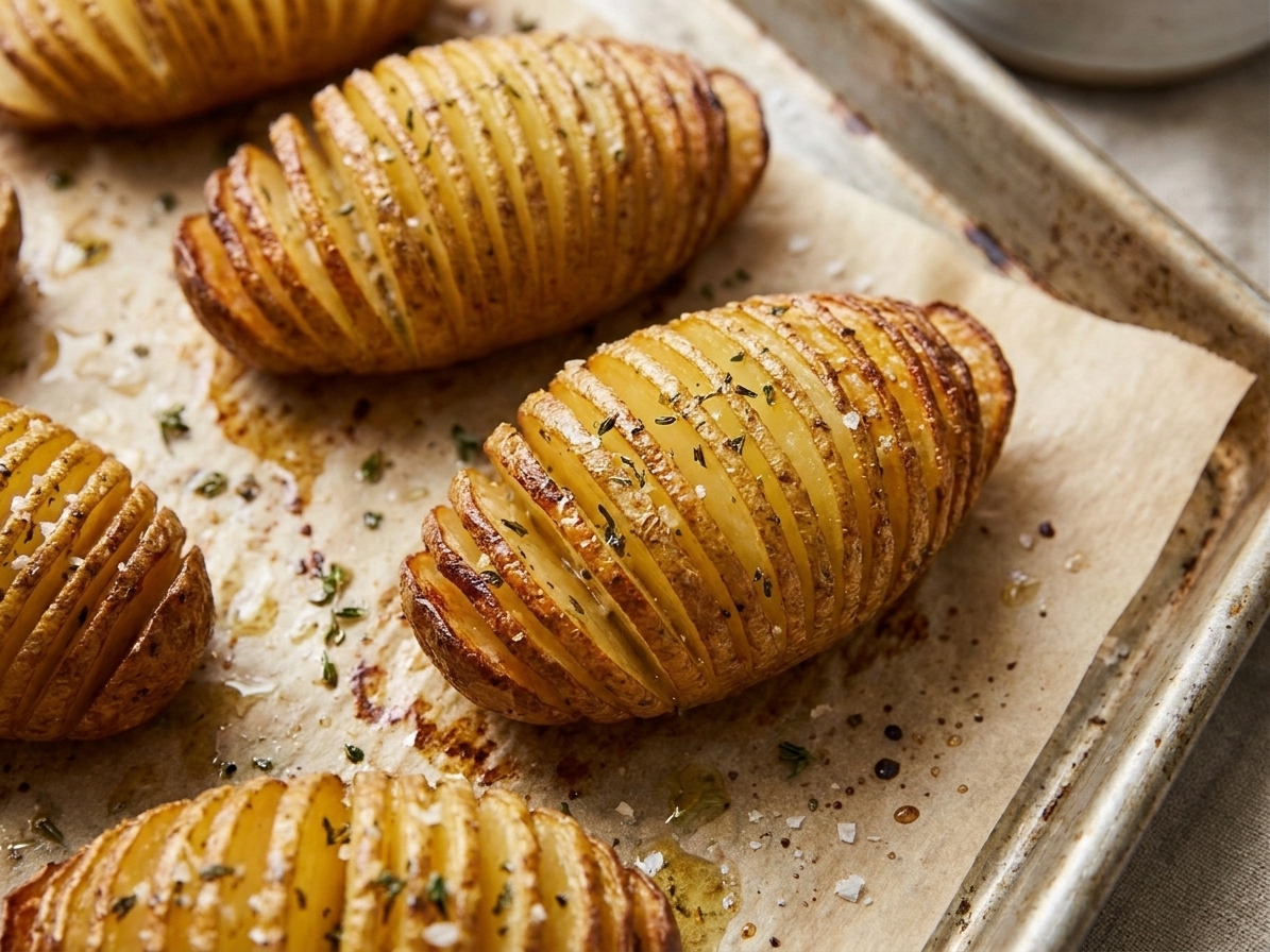A close-up of golden brown hasselback potatoes on a parchment-lined baking sheet, the thin slices fanned open with crisp edges and glossy butter