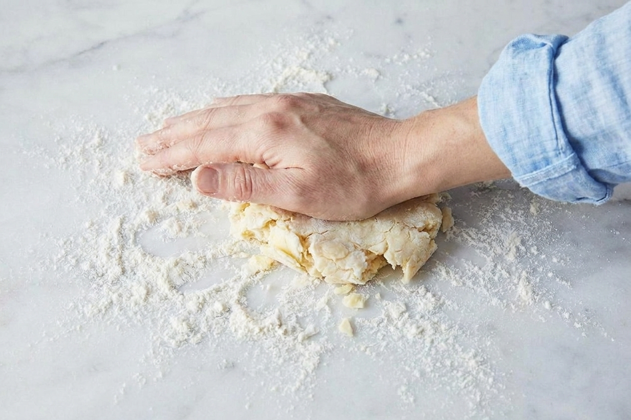 A close-up of hands smearing a small portion of pie dough forward on a floured counter to create flaky layers