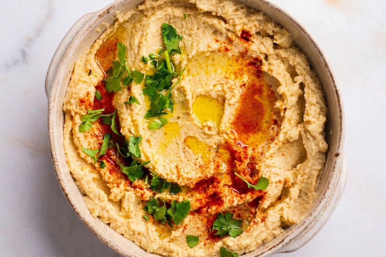 A close-up of hummus in a shallow bowl with a deep swirl, olive oil pooling in the center, and a sprinkle of paprika