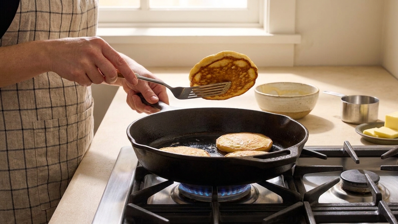 A cook flipping a golden pancake with a spatula in a cast iron skillet on a home stove