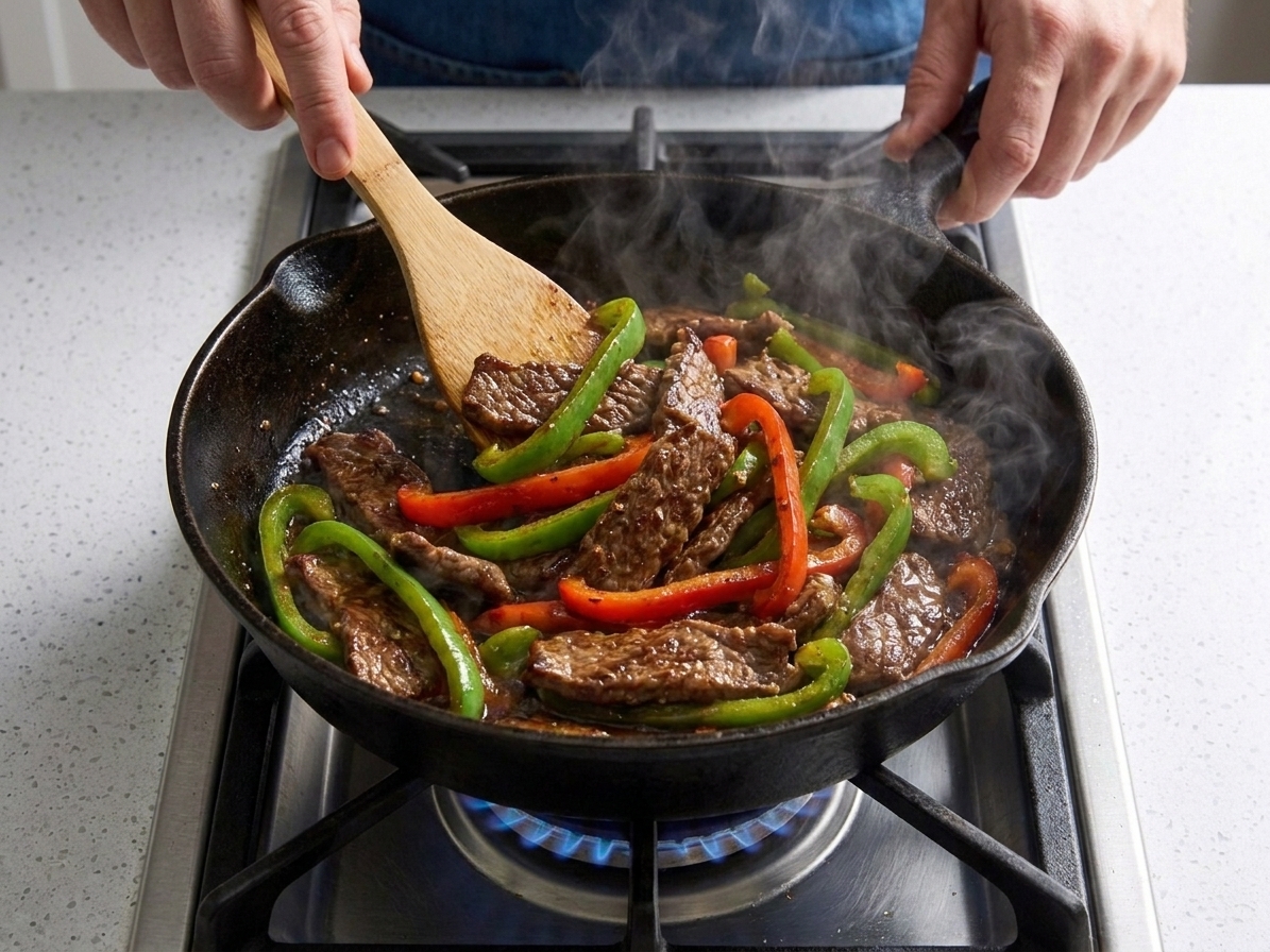 A cook tossing beef and vegetables in a skillet on a home stove with steam rising