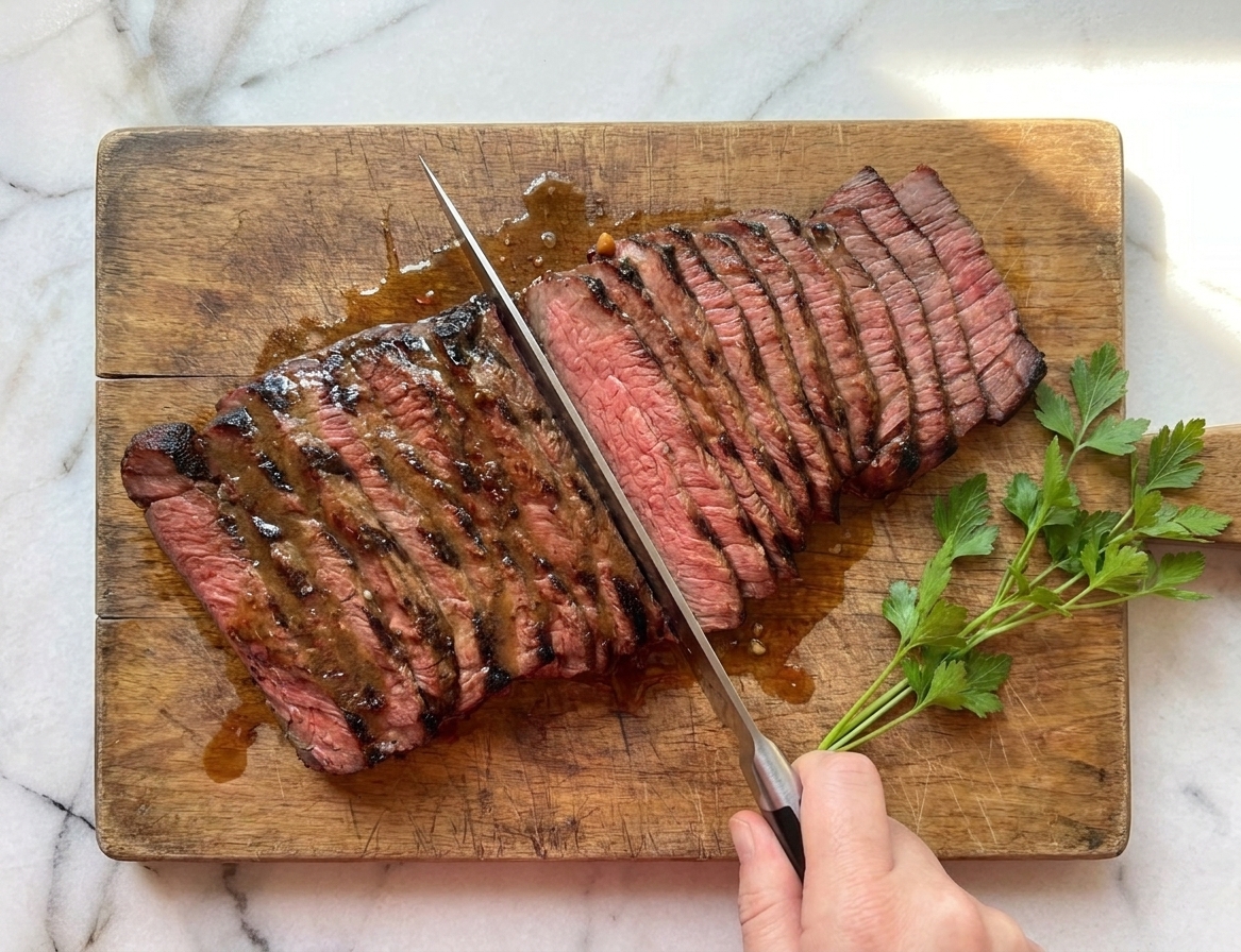 A cooked London broil steak being sliced very thin against the grain on a wooden cutting board