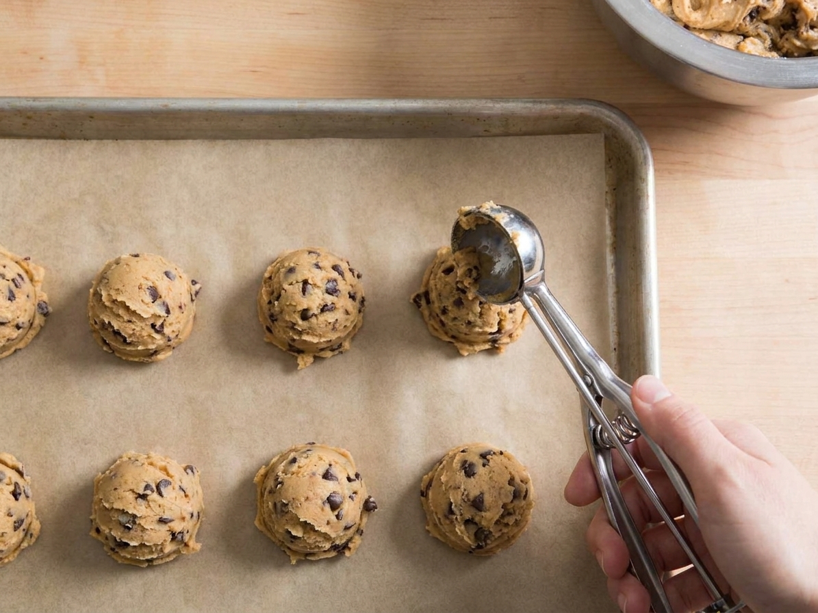 A cookie scoop portioning chocolate chip cookie dough onto a parchment-lined baking sheet
