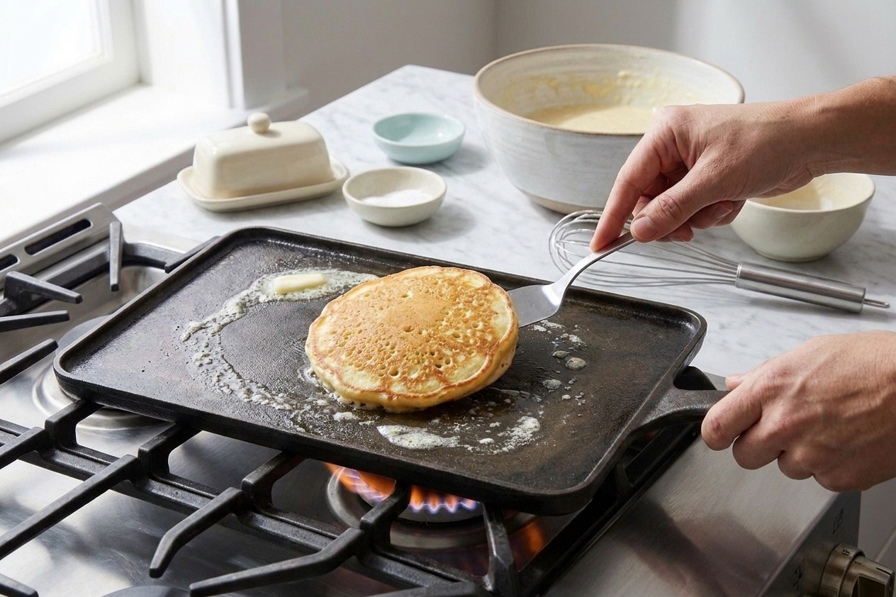 A cook's hands using a thin spatula to flip a golden pancake on a lightly buttered skillet over a stovetop